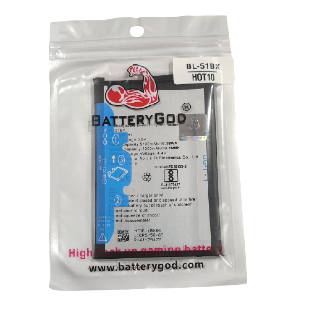 BATTERYGOD Full Capacity Proper 5200 mAh Battery For Infinix Hot 10 / Note 8 / BL-51BX / BL51BX / BL 51BX